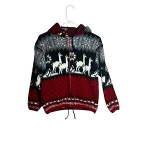 Boys Alpaca Wool Hooded Sweater Jacket Llama Drawstring Hem Red Black size 10